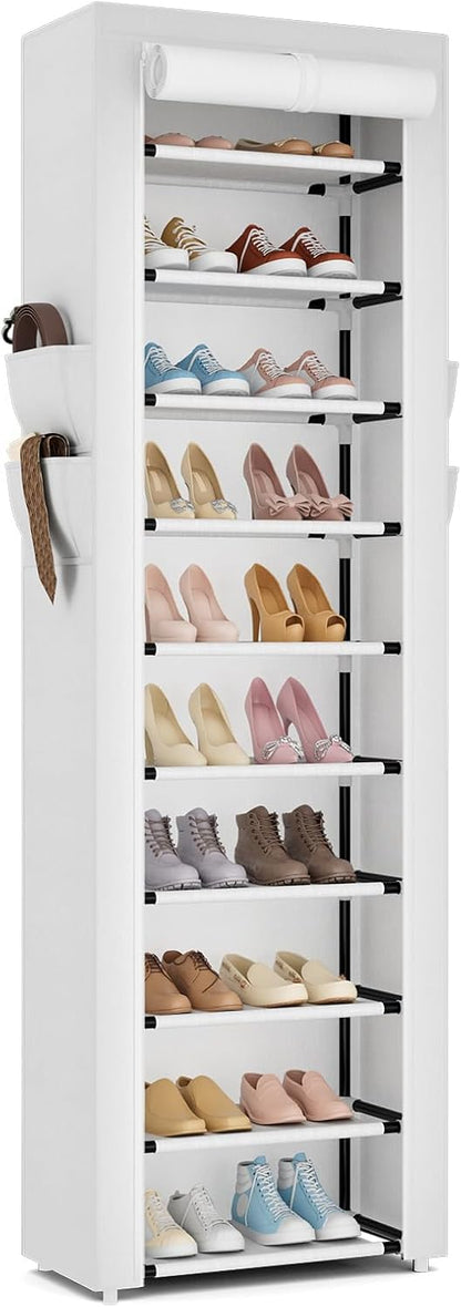 ROJASOP 10 Tier Shoe Rack with Covers,Large Capacity Stackable Tall Shoe Shelf Storage to 50-55 Pairs Shoes and Boots Sturdy Metal Free Standing Shoe Rack Organizer for Closet Entryway Garage