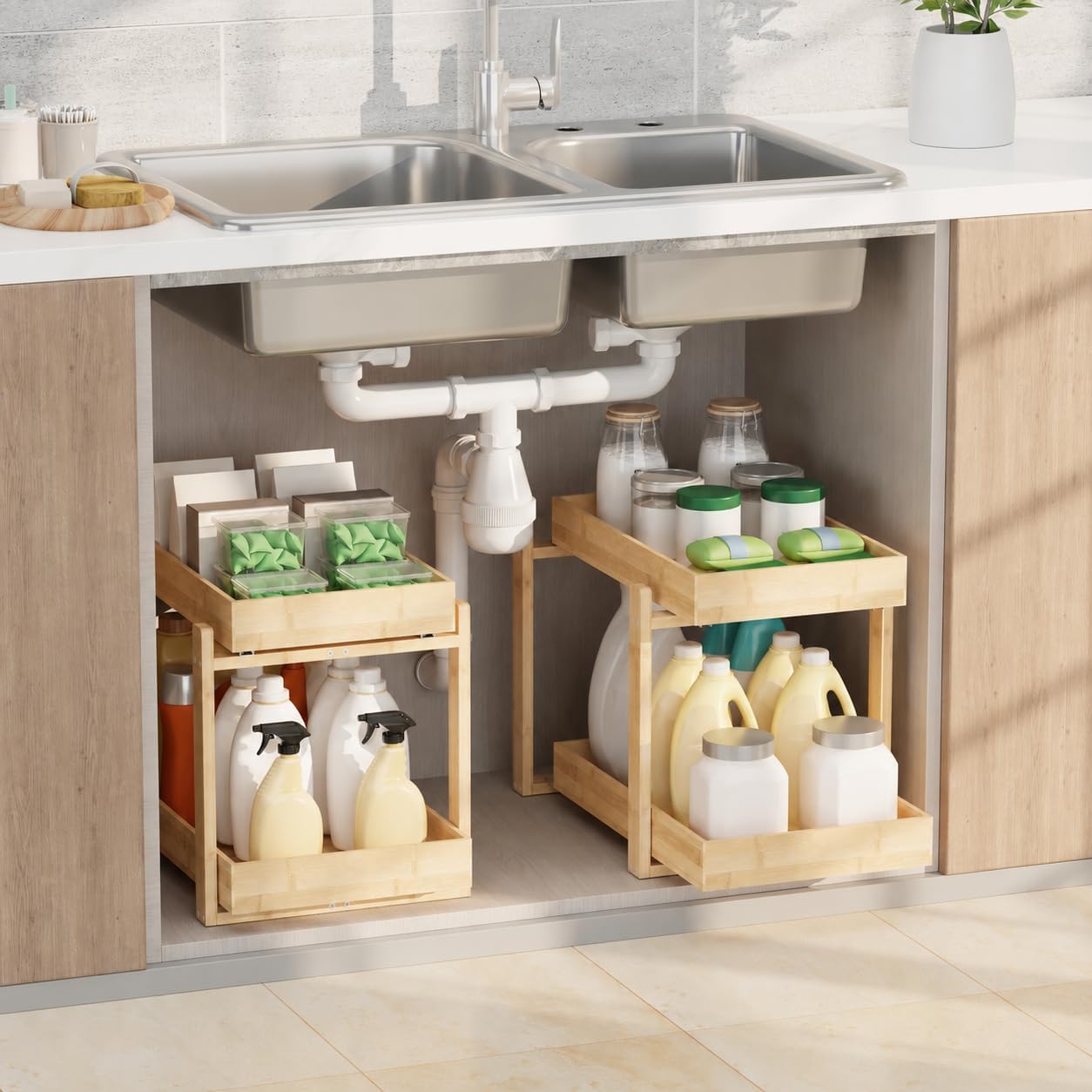 APRTAT 2 Pack Under Sink Organizer, Bamboo Wooden 2-Tier Pull-Out Storage with Sliding Drawers for Kitchen and Bathroom Cabinets, Easy Installation (Natural, 2 Packs)
