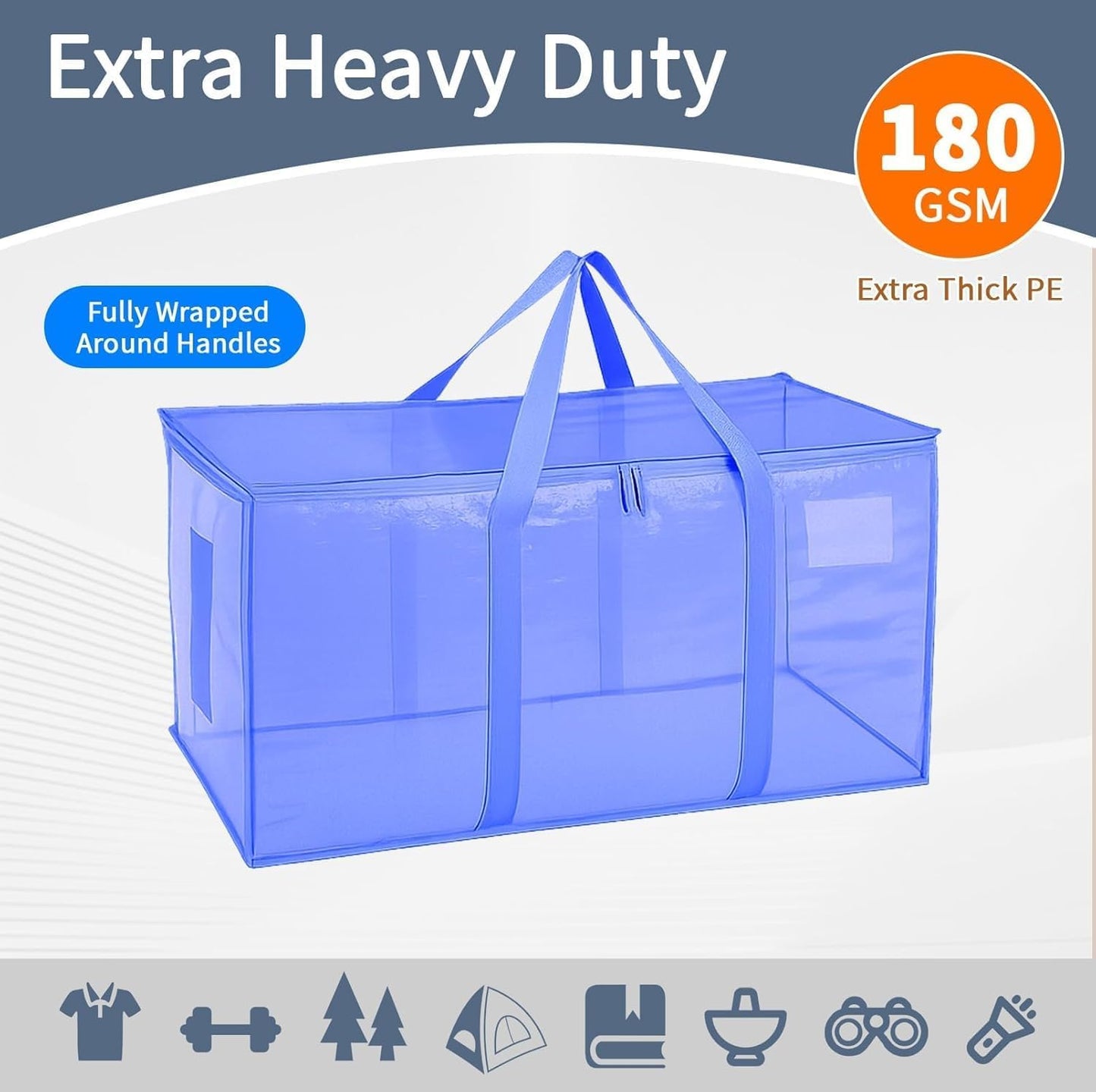 8 Pack-Extra Large Heavy Duty Moving Bags - Waterproof Storage Totes with Handles & Zippers, Foldable for College Dorm, Storage (Clear)