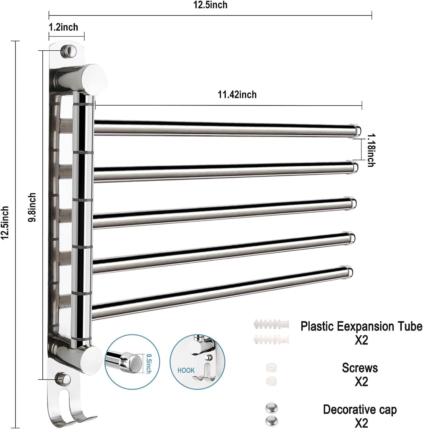 5-Arm Swivel Towel Rack - 180° Rotating Wall Mounted, 304 Stainless Steel Rustproof, Heavy Duty Bathroom Accessories, Space Saving Towel Organizer for Bathroom Kitchen Laundry - Pearl White