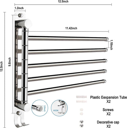 5-Arm Swivel Towel Rack - 180° Rotating Wall Mounted, 304 Stainless Steel Rustproof, Heavy Duty Bathroom Accessories, Space Saving Towel Organizer for Bathroom Kitchen Laundry - Pearl White