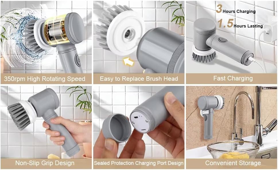 Electric Spin Scrubber, Cordless Bathroom Cleaning Brush IPX6 Waterproof with 6 Replaceable Heads, Power Scrubber for Bathtub, Tiles, Car Wash, Kitchen & Multi-Surface Home Cleaning