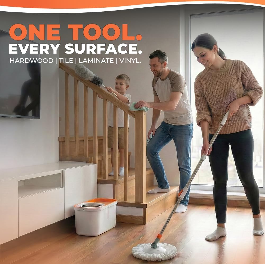 Grazie Spin Mop & Bucket Set - 360° Self-Wringing System with Wheels, Stainless Steel Handle - Hands-Free Floor Cleaning for Hardwood, Tile, Laminate - Includes 4 Washable Microfiber Mop Head Refills