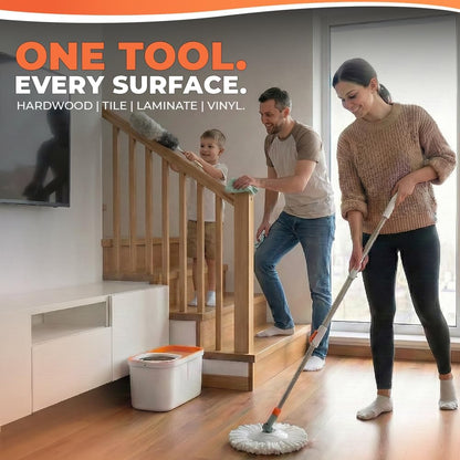 Grazie Spin Mop & Bucket Set - 360° Self-Wringing System with Wheels, Stainless Steel Handle - Hands-Free Floor Cleaning for Hardwood, Tile, Laminate - Includes 4 Washable Microfiber Mop Head Refills