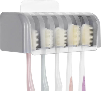 5 Slots Wall Mount Toothbrush Holder with Cover, Self Adhesive Toothbrush Storage Organizer for Shower, Toothbrush Hanger with Automatic Toothpaste Squeezer Dispenser