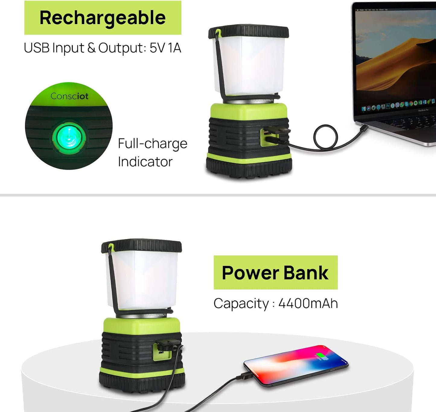 LED Camping Lantern Rechargeable, Consciot Camping Lights, 1000LM, 4 Light Modes, 4400mAh Power Bank, IPX4 Waterproof Tent Lights, Dimmable Flashlight for Emergency, Power Outages, USB Cable Included