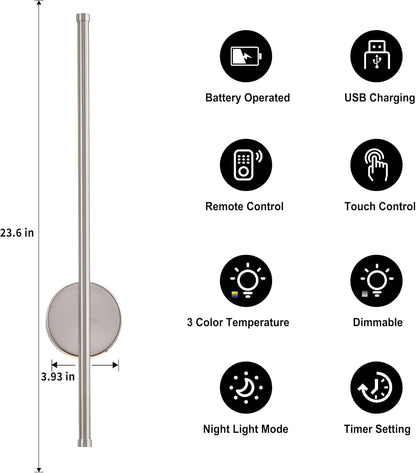 Battery Operated Modern Wall Sconces, Dimmable Wireless Wall Light Set of Two with Remote Control, 3 Color Temperatures, Rechargeable LED Wall Sconce for Bedroom, Living Room, Hallway, 23.6 Inch Brass