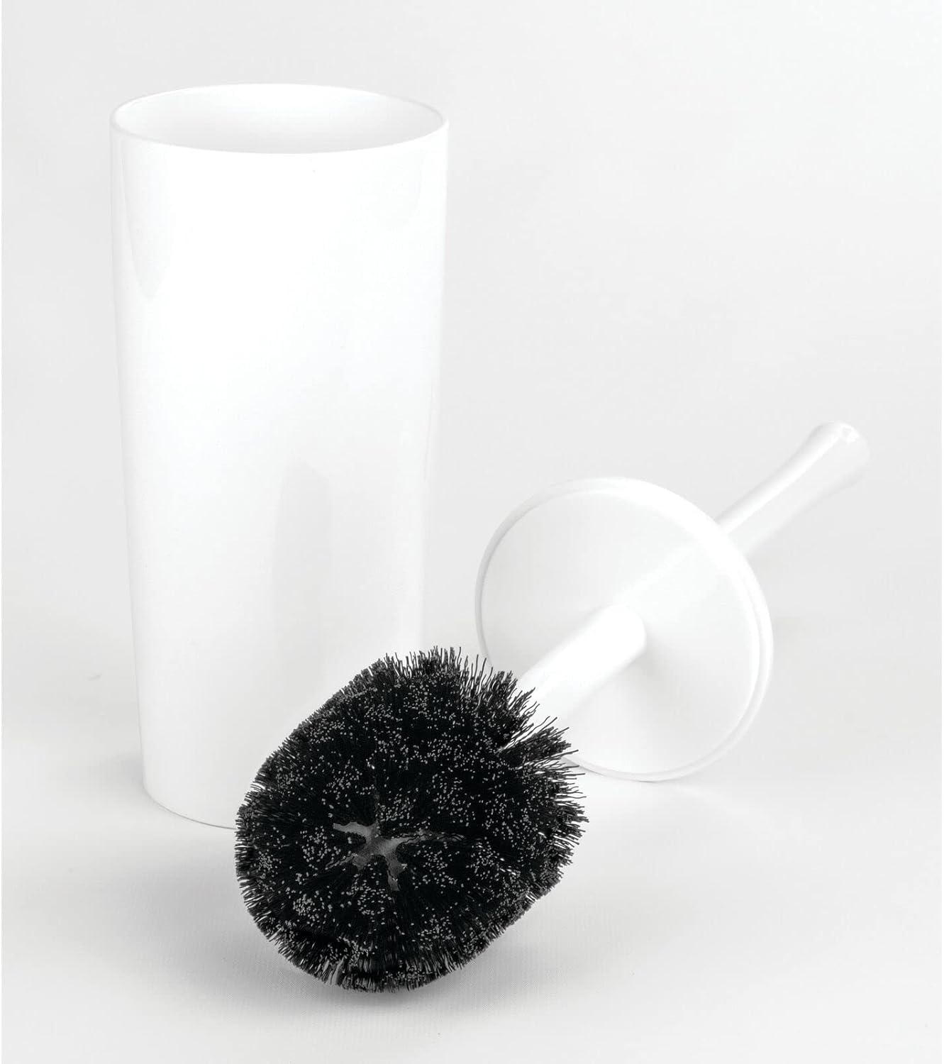 mDesign Slim Plastic Toilet Bowl Brush and Holder Set, Modern Compact Storage Organizer Cleaner Scrubber for Toilet - Heavy Duty Cleaning Plunger for Bathroom, Aura Collection - White