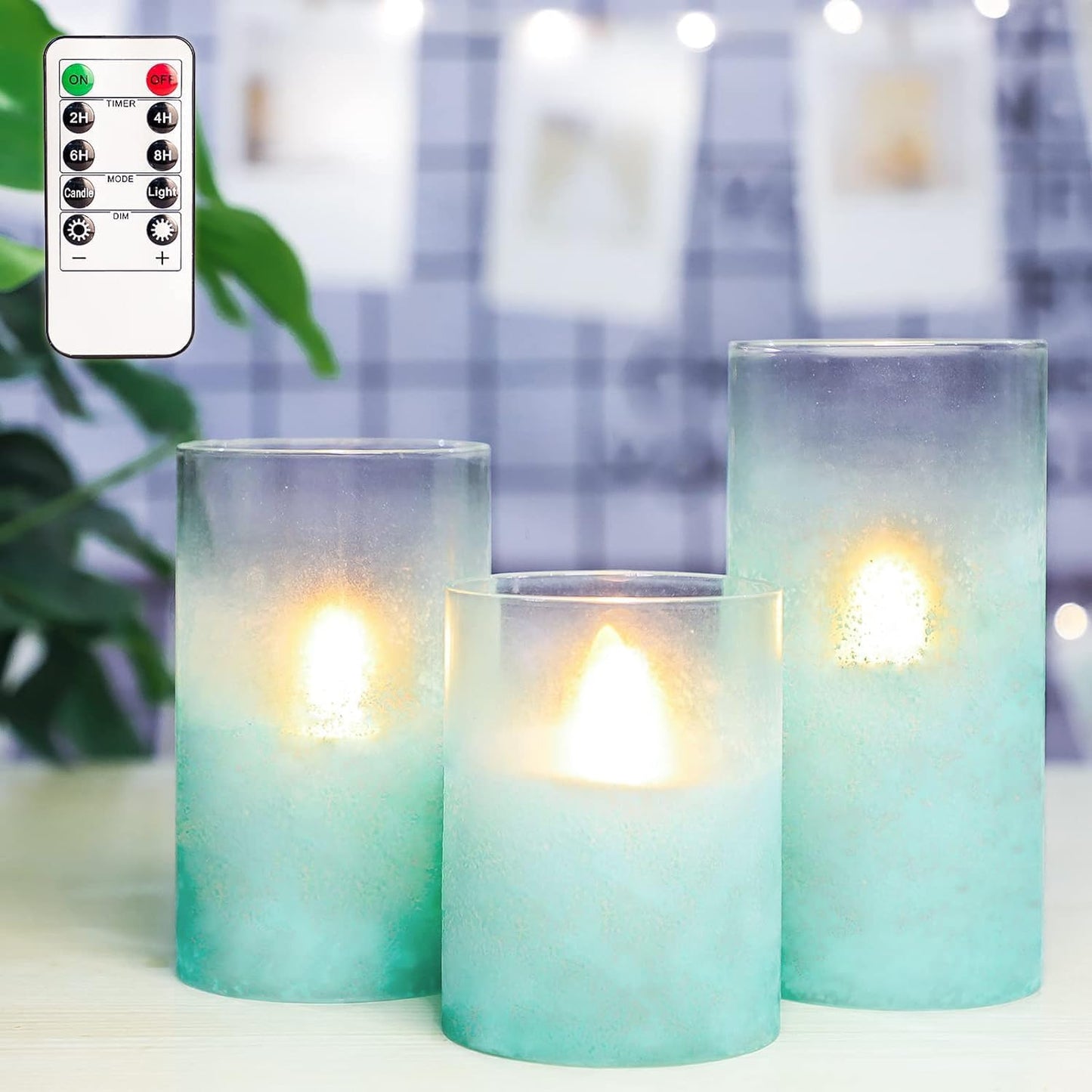 Glass Flameless Candles Flickering Battery Operated LED Pillar Candles Set of 3 with Timer and and 10-Key Remote Green Branch Floral Spring Summer Theme for Wedding Festival Home Decoration
