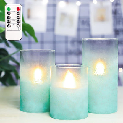 Glass Flameless Candles Flickering Battery Operated LED Pillar Candles Set of 3 with Timer and and 10-Key Remote Green Branch Floral Spring Summer Theme for Wedding Festival Home Decoration