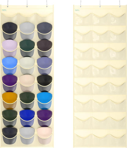 Baseball Hat Rack, 24 Pocket Over-The-Door Hat Organizer with Clear Deep Pockets to Display Baseball Caps Collection, Complete with 3 Over Door Hooks (Black, 24 Pockets)