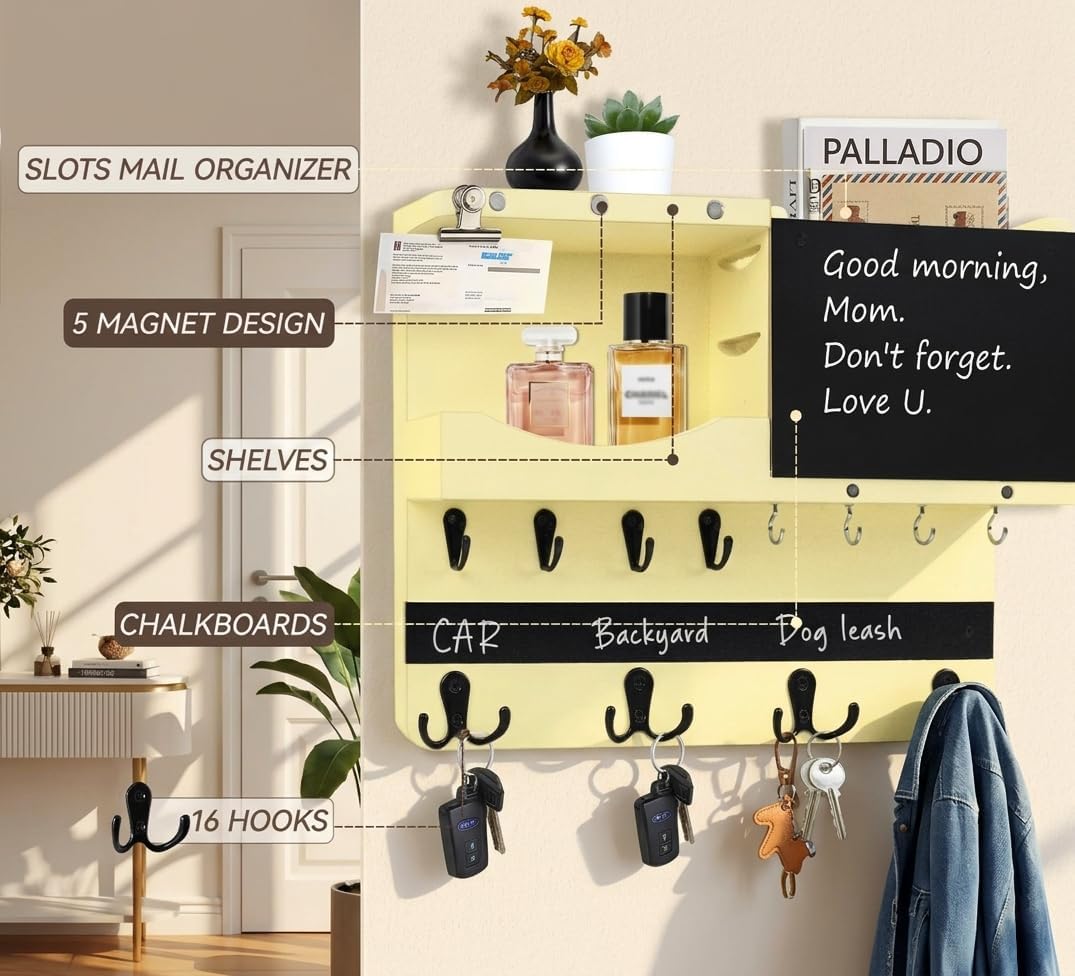 Key Holder for Wall Mount with Shelf and Mail Organizer, Key and Mail Holder with 16 Hooks, Farmhouse Entryway Organizer, Home Decor Rack (Pine Wood, Black)