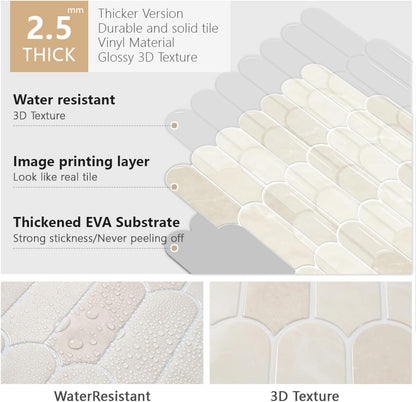 Peel and Stick Backsplash for Kitchen 12 x 12 in, Beige, 10PCS | Self Adhesive, Waterproof, Vinyl, Renter Friendly, 3D Wall Tiles for Bathroom, Shower, Laundry Room