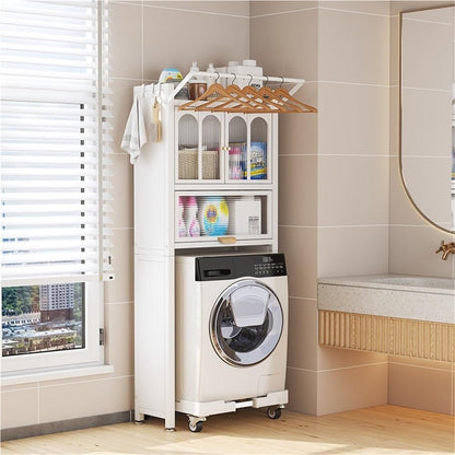 Above Washing Machine Shelf with with Flip-Top Door, Multi-Story Floor Laundry Room Storage Rack with Drying Rod and 4 Hooks for Laundry Room(White)