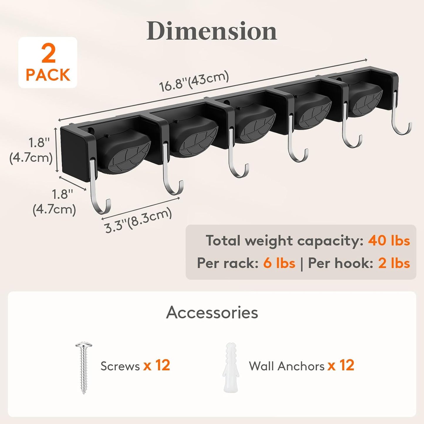 Lifewit Broom and Mop Holder Wall Mount, Non-Slip Cleaning Tool Hanger Organizer with 6 Hooks 5 Slots, Heavy Duty Hanging Broom Utility Rack for Kitchen, Garden, Garage, Laundry, 1 Pack, Black