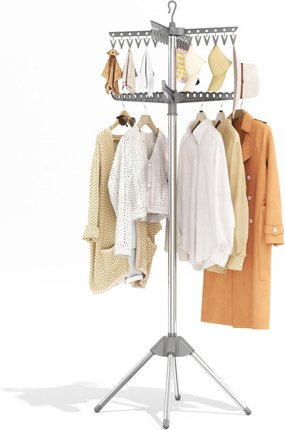 KINGBOARD Clothes Drying Rack, 2-Tier Foldable Drying Rack Clothing, 72-Inch Laundry Drying Rack with 3 Rotatable Arms and 24 Clips, Free Standing Drying Rack, Grey and Silver