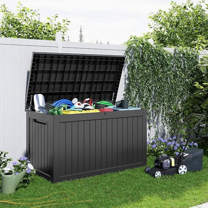 PatioZen 100 Gallon Resin Deck Box, Lockable Patio Outdoor Storage Box for Furniture, Garden Tools and Tools Storage, Waterproof Outside Storage Boxes - Black