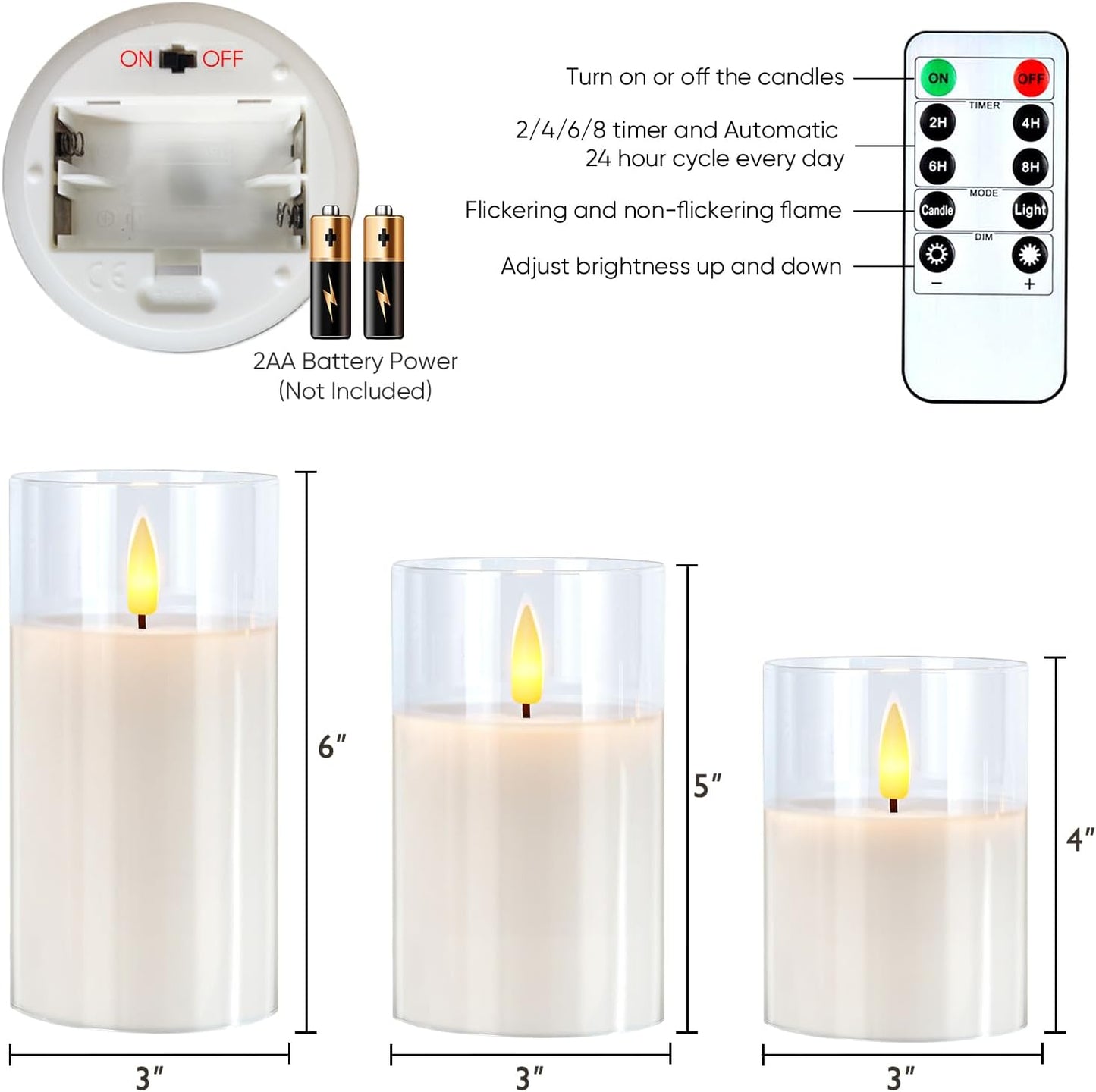 5plots Glass Battery Operated White Flameless Candles with Remote Timer, 3D Wick Real Wax Pillar Led Candles Warm Flickering Light for Indoor Home, Halloween, Christmas Decor, Set of 3, D3 x H4 5" 6"
