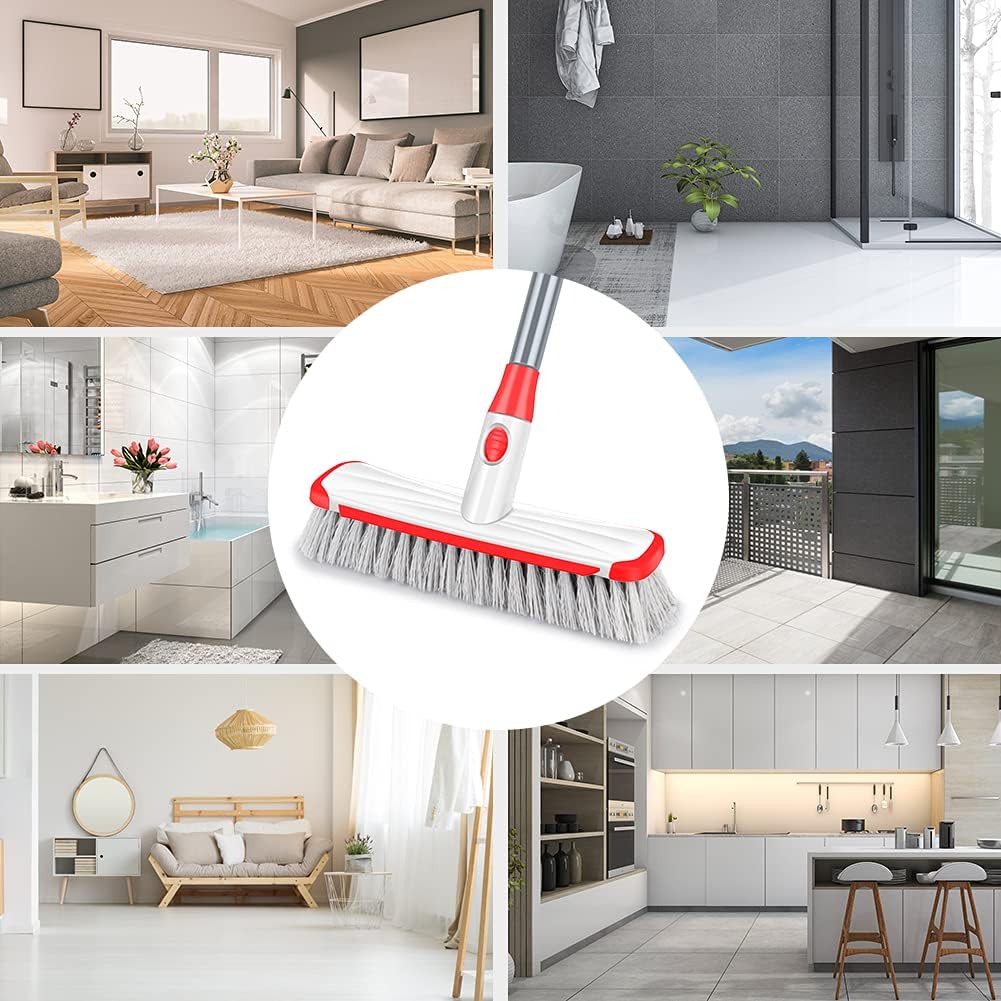 Floor Scrubber with Long Handle, 2 in 1 Scrubbing Brush Stiff Bristle Shower Cleaning Brush for Bathroom, Kitchen, Tub, Carpet, Grout, Tile(Red)