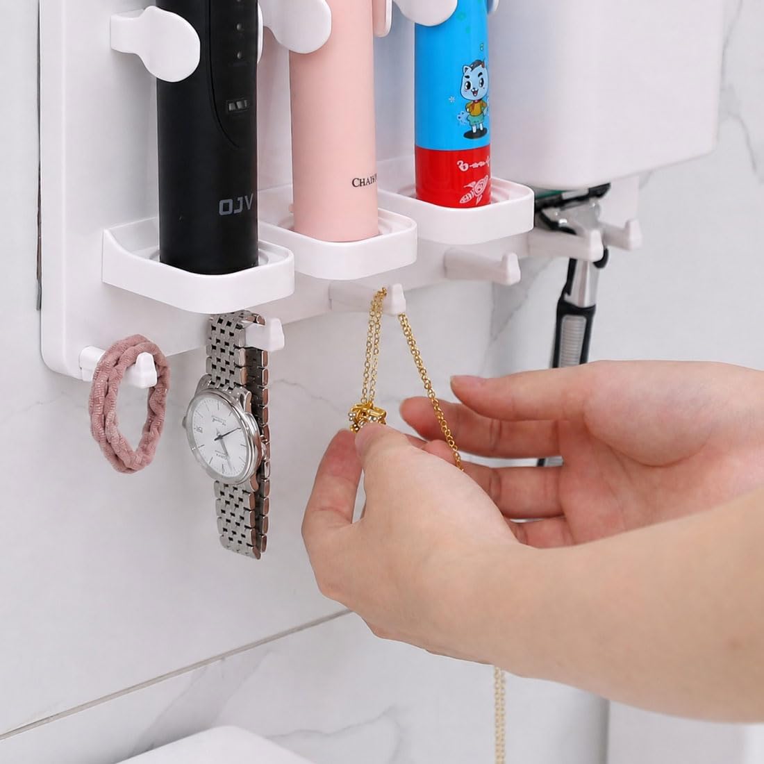 simpletome Adhesive Electric Toothbrush Holder Wall Mounted (White) | no drilling required | adhesive installation | 2pcs self-adhesive tape included | abs plastic | with 6hooks | razor hanger