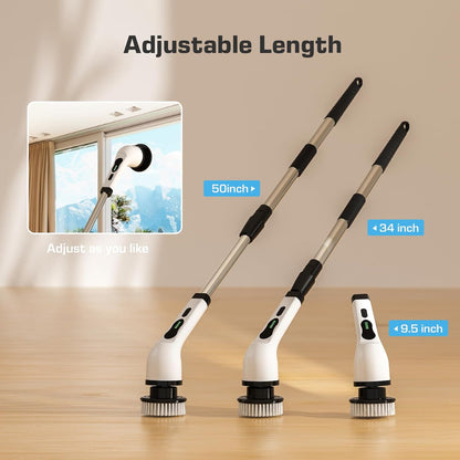 Kingwell Electric Spin Scrubber, Cordless Electric Scrubber for Cleaning with 9 Brush Heads, 2 Speeds,3 Adjustable Handle, 90Mins Work Time, Shower Scrubber for Bathroom, Tub, Floor,White