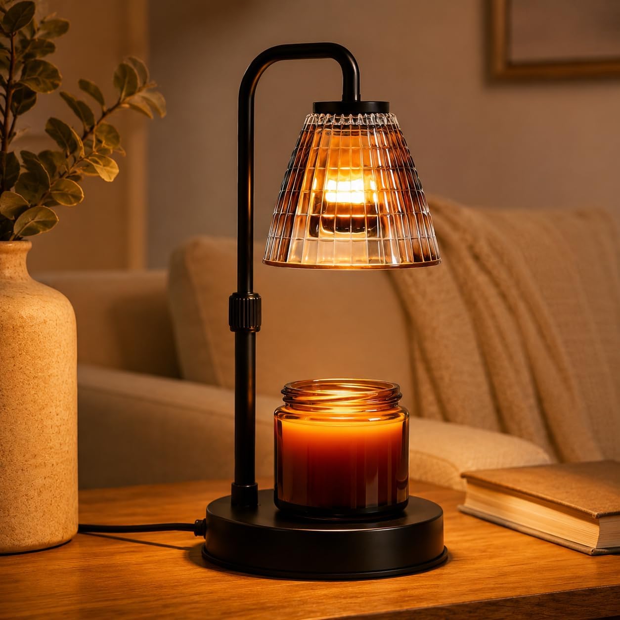 Candle Warmer Lamp with Timer, Dimmer, Vintage Glass Shade | Adjustable height, 2/4/8-hour timer, wood base, 2 bulbs included