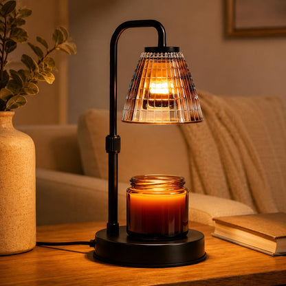 Candle Warmer Lamp with Timer, Dimmer, Vintage Glass Shade | Adjustable height, 2/4/8-hour timer, wood base, 2 bulbs included