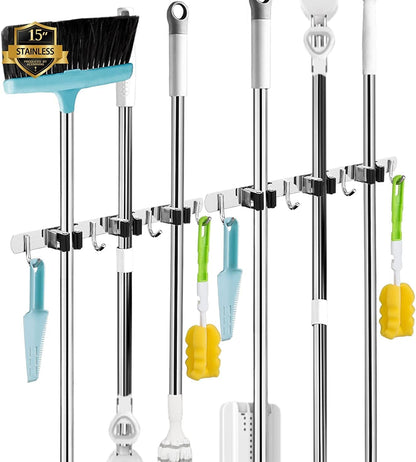 AceMining Broom Holder Wall Mount, 3 Racks 4 Hooks Heavy Duty Mop Organizer | Mop Holder Wall Mount and Broom Hanger for Garage, Laundry Room, Kitchen and Utility Storage