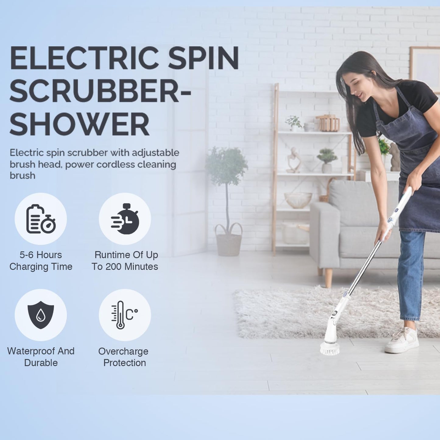 Electric Spin Scrubber - Cordless Cleaning Head with 6 Replaceable Brushes - 90° Rotatable - Ideal for Floor, Window, Cars - Ivory White
