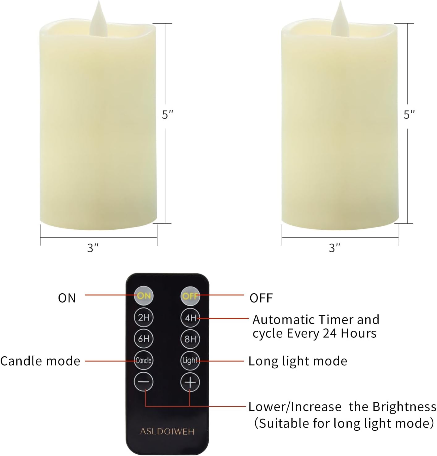 3x3 Flickering Flameless Candles Set of 2, 2AA Battery Life 600 Hours Battery Candles Flickering with Timer,3 inch Flameless Candles with Remote for Indoor/Outdoor, Ivory