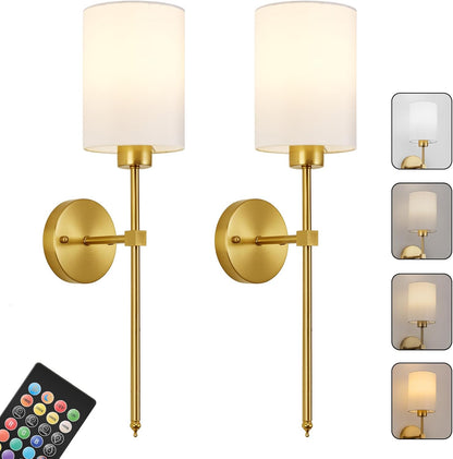 Battery Operated Wall Sconces Set of Two,Wireless Rechargeable Wall Light With Remote Control, Dimmable, Amber Light/Warm White/Natural White/Daylight/RGB, Timer,for Living Room,Bedroom,Entryway,Gold