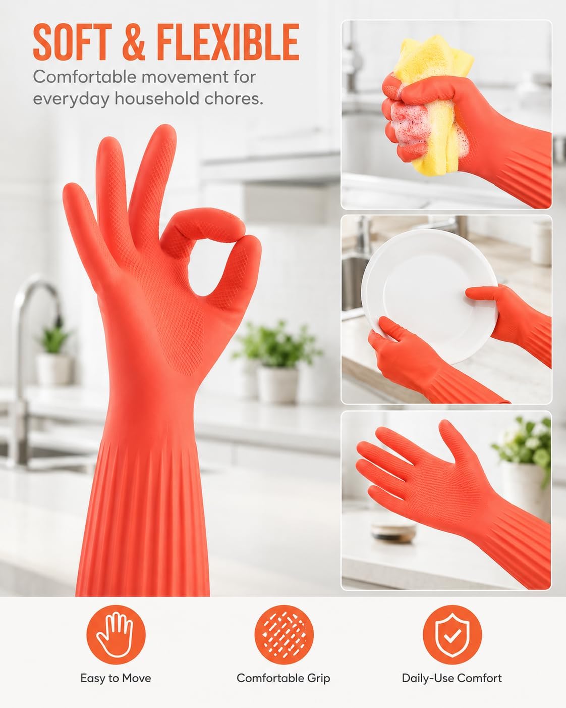 Disfore Rubber-Gloves Dishwashing Gloves for Cleaning-Kitchen - 2 Pairs Long Household Cleaning Gloves for Washing Dishes