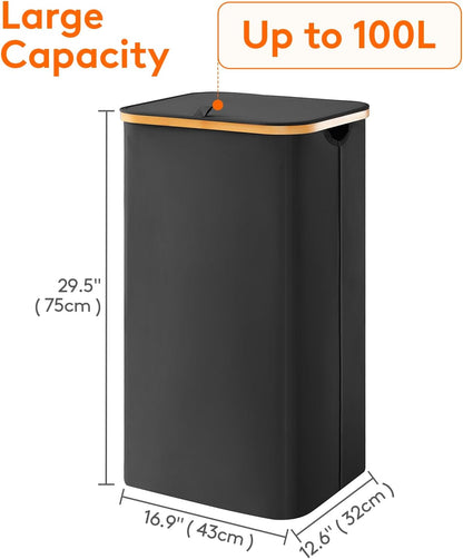 Lifewit 120L Laundry Basket with Lid, Clothes Hampers for Laundry with Bamboo Handles and 2 Removable Bag, Large Foldable Laundry Hamper for Bedroom, Bathroom, Dorm, Laundry Room, Beige