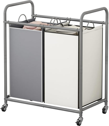 SUOERNUO Laundry Sorter Basket 2 Bag Laundry Hamper Cart with Rolling Lockable Wheels and Removable Bags Laundry Organizer Cart for Clothes Storage, Assorted