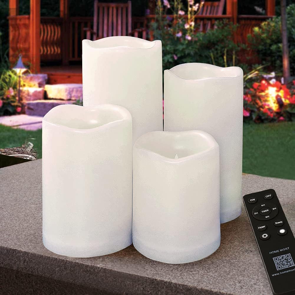 Set of 4 White Outdoor LED Pillar Candles 3x4 3x5 3x6 3x7 with Timer and Remote - IP65 Waterproof Battery Operated LED Pillar Candles - Flickering Flameless Pillar Candles Unscented Outside