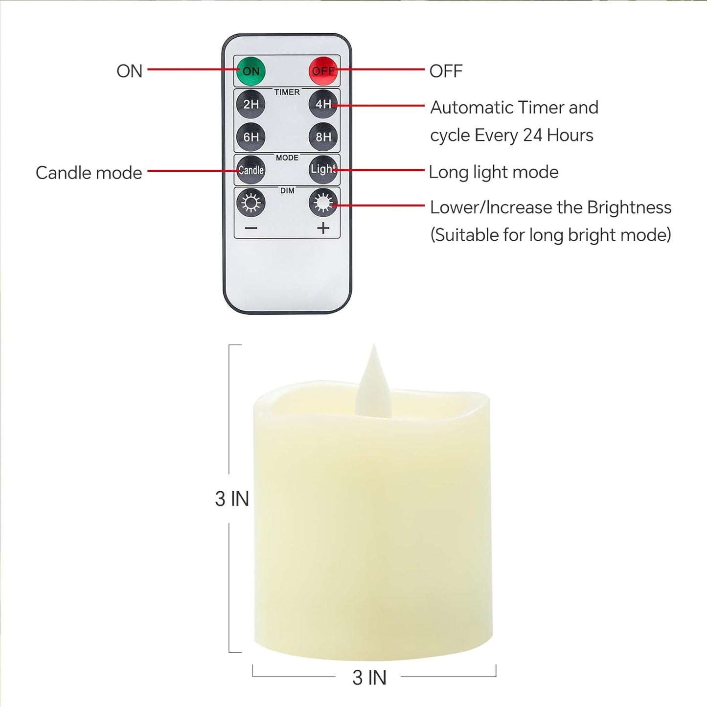 3x3 Flameless Candles with Remote Set of 2, 3 inch Battery Candles Flickering with Timer, LED Pillar Candle for Indoor/Outdoor, White