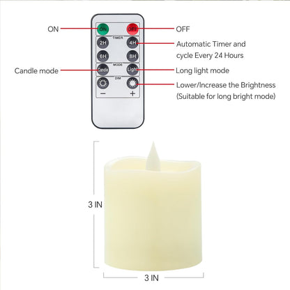 3x3 Flameless Candles with Remote Set of 2, 3 inch Battery Candles Flickering with Timer, LED Pillar Candle for Indoor/Outdoor, White