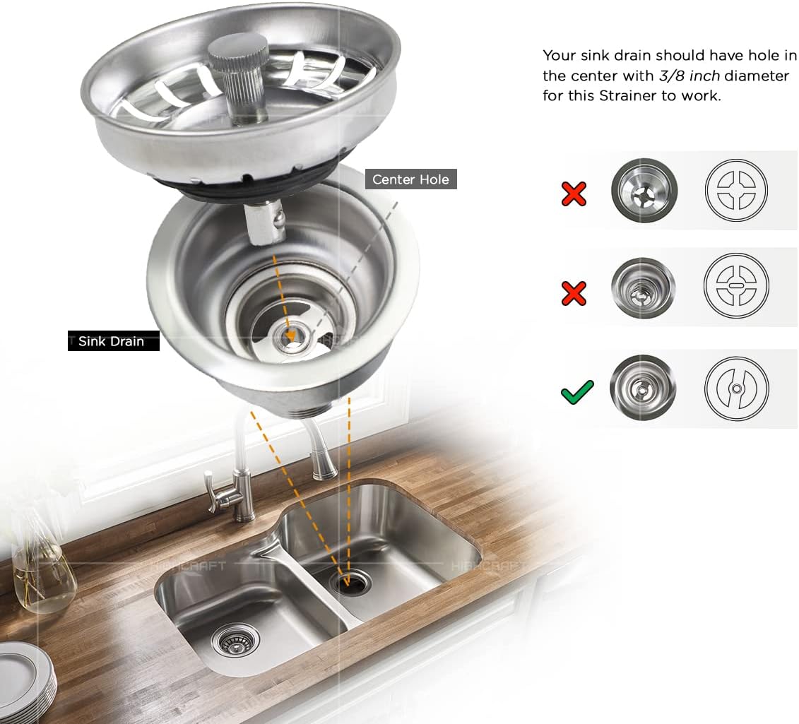 Highcraft 9754JO Stainless Steel Kitchen Sink Strainer Basket-Replacement for Standard Drains (3-1/2 Inch) -Ball-Lock Rubber Stopper, 3-1/2