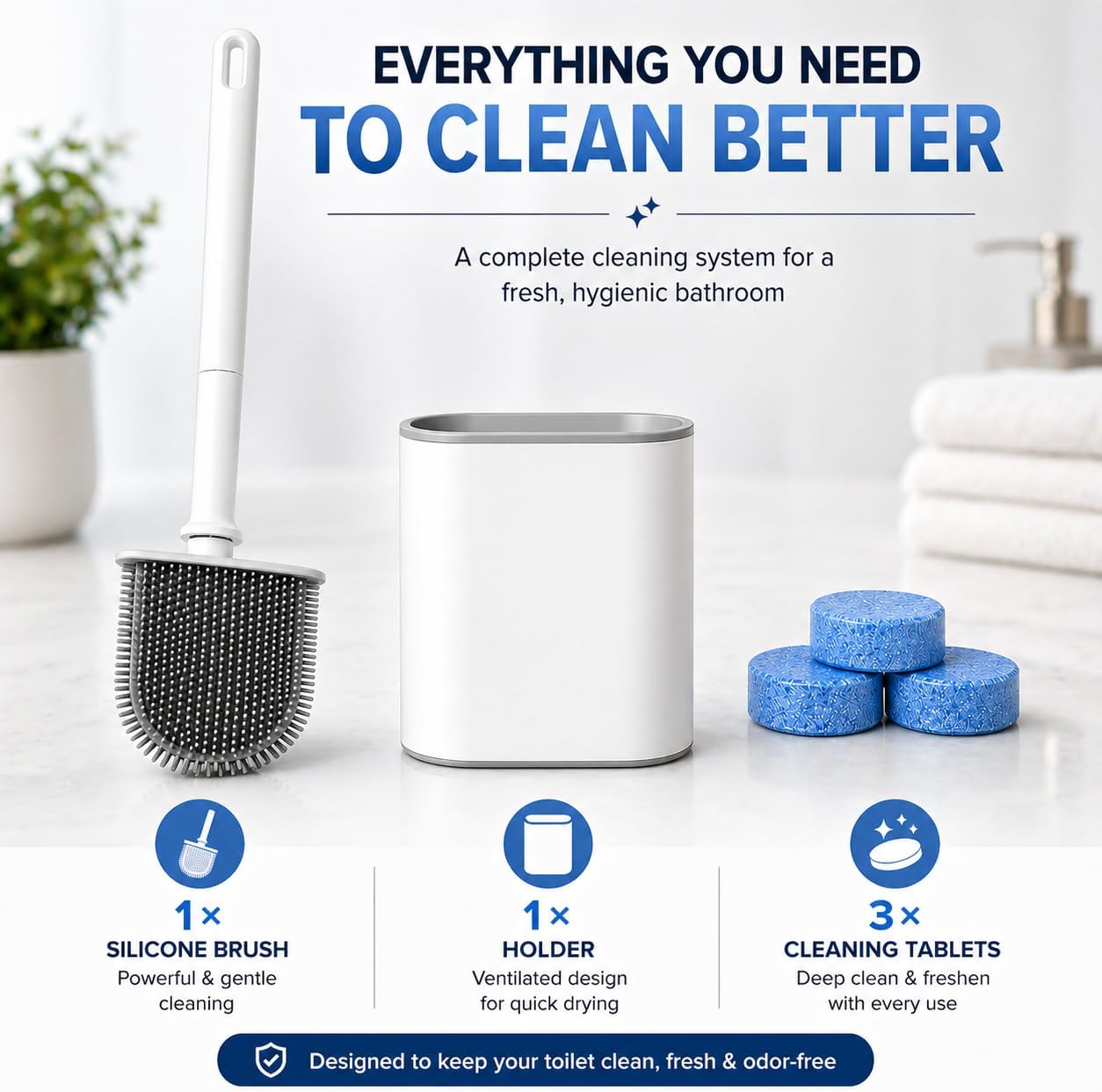 Silicone Toilet Brush and Holder Set with 3 Cleaning Tablets, Quick-Dry Base, Flexible Non-Scratch Bristles, Odor-Free Bathroom Toilet Bowl Cleaner Brush, Compact Space-Saving Design