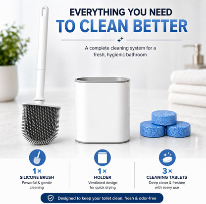 Silicone Toilet Brush and Holder Set with 3 Cleaning Tablets, Quick-Dry Base, Flexible Non-Scratch Bristles, Odor-Free Bathroom Toilet Bowl Cleaner Brush, Compact Space-Saving Design