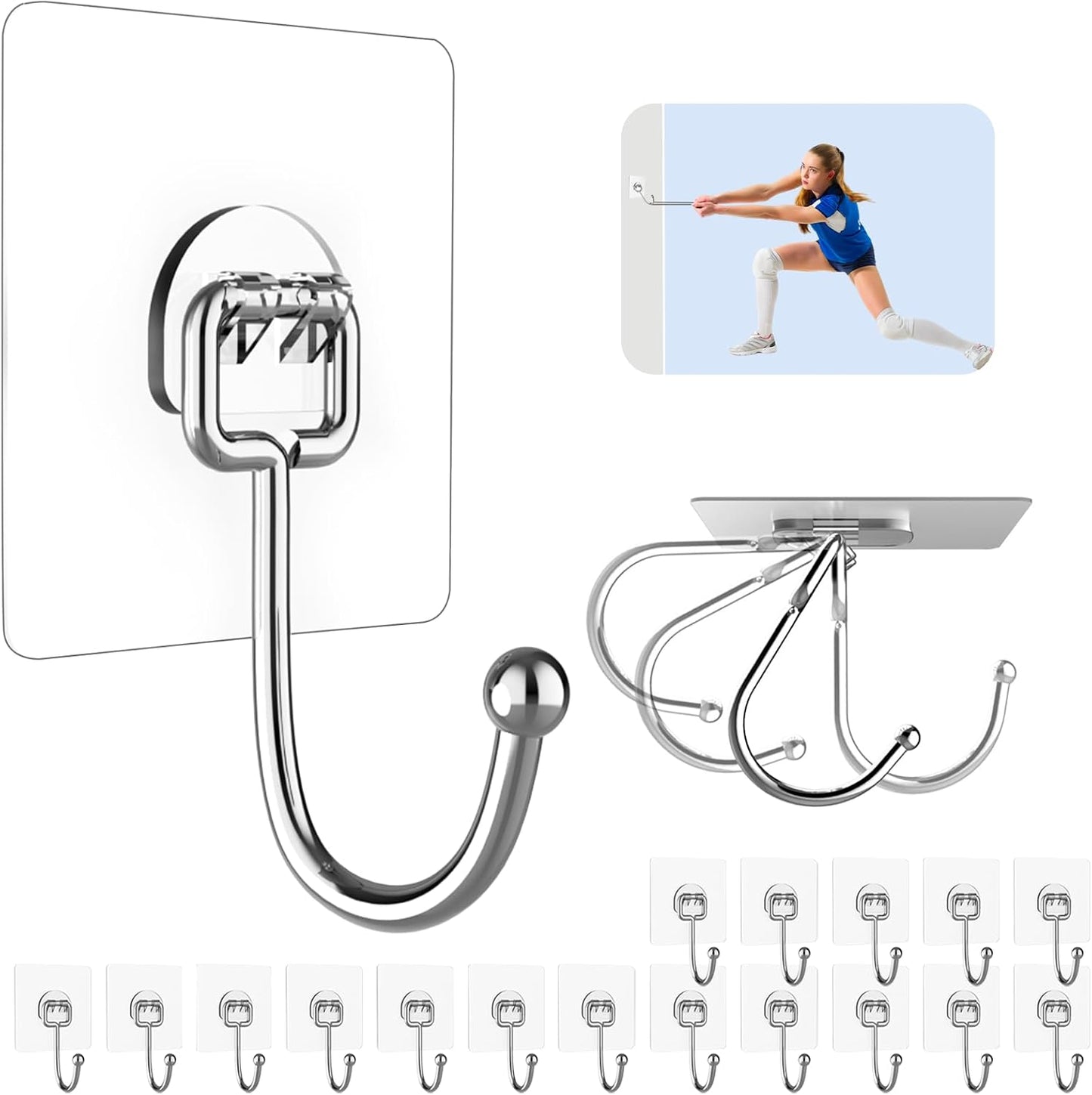 12 Pack Large Adhesive Hooks for 44 lb(Max) Hanging Heavy Duty, Self Adhesive Sticky Hooks Waterproof Stainless Steel Wall Hook for Home Bathroom Shower Kitchen Outdoor Utility Hooks