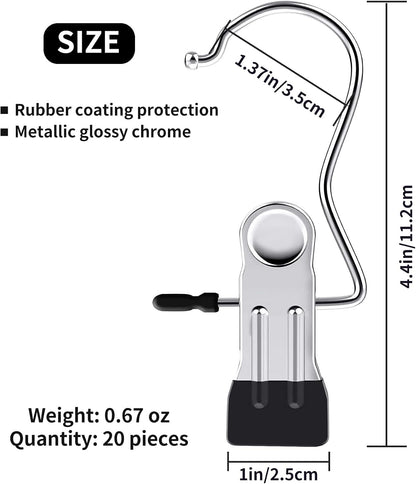 20 Piece Laundry Hook Boot Clips Hanger Clips Hold Hanging Clothes Pins Hooks Portable Stainless Steel Home Travel Hangers Clips Closet Hangers-Black