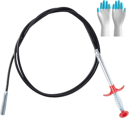 Drain Snake, 79 Inch Drain Clog Remover Tool with pair of Reusable Gloves – Flexible Grabber Claw Hair Drain Cleaner for Sink, Shower, Tub, Toilet, Bathroom & Kitchen Pipes