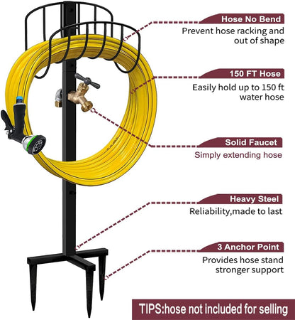 Artigarden Freestanding Garden Hose Holder Hanger, Outdoor Heavy Duty Metal Water Hose Storage Holders Stand Organizer Rack Detachable Stake, Holds 150 Ft of Hoses for Outside Lawn Yard, Black
