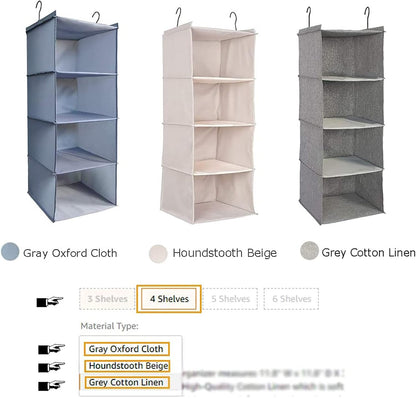 Hanging Closet Organizer 3-Shelf, Oxford Fabric Wardrobe Storage, Gray | Easy-mount foldable design holds clothes, handbags, shoes & accessories; washable Oxford fabric, sturdy and space-saving.