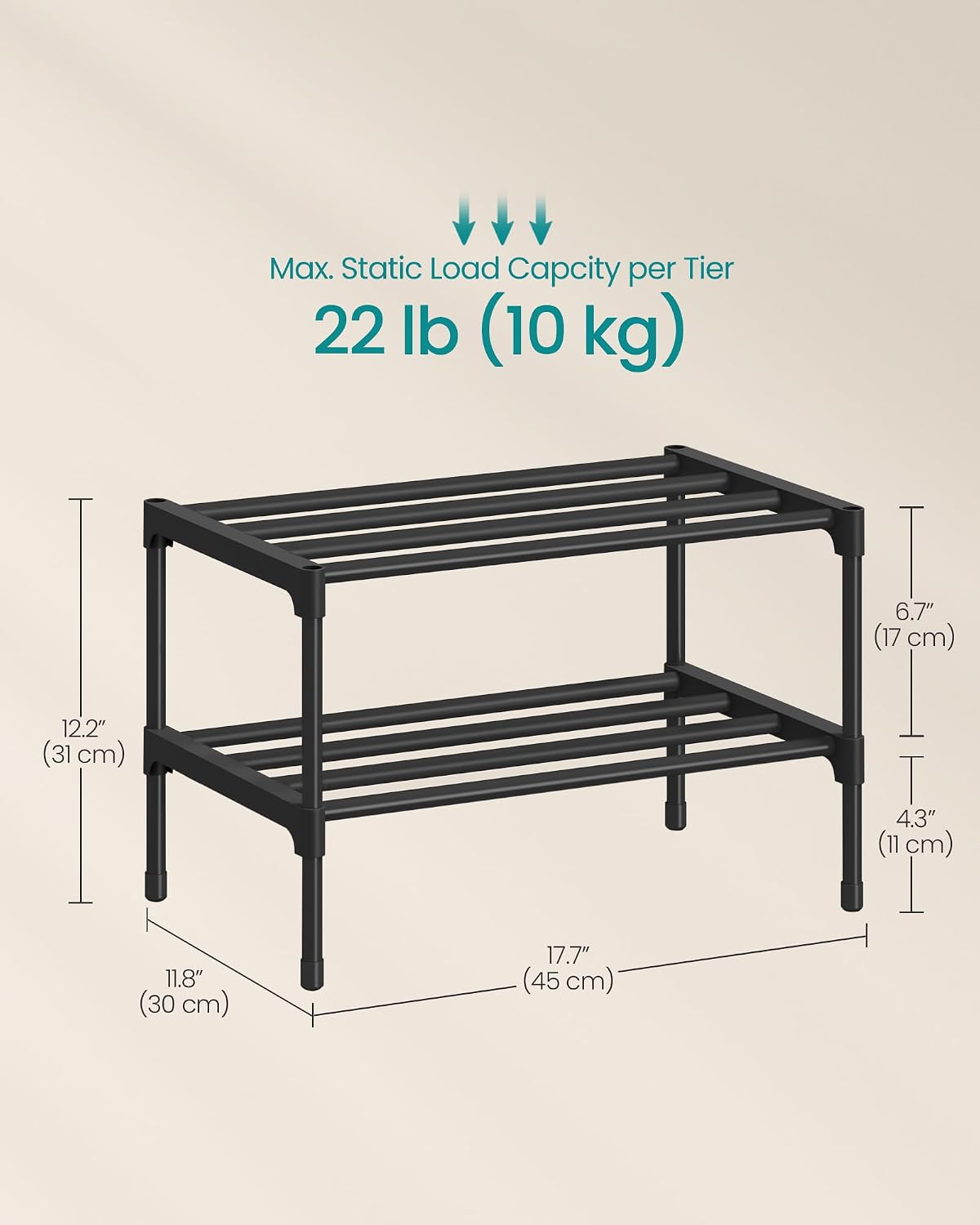 SONGMICS 2-Tier Shoe Rack for Closet, Compact Metal Shoe Organizer Shelf for Entryway, Bedroom, Small Spaces, Stackable, 11.8 x 24.5 x 12.2 Inches, Black ULSA122BH01