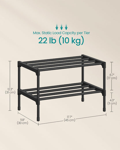 SONGMICS 2-Tier Shoe Rack for Closet, Compact Metal Shoe Organizer Shelf for Entryway, Bedroom, Small Spaces, Stackable, 11.8 x 24.5 x 12.2 Inches, Black ULSA122BH01