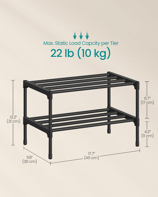 SONGMICS 2-Tier Shoe Rack for Closet, Compact Metal Shoe Organizer Shelf for Entryway, Bedroom, Small Spaces, Stackable, 11.8 x 24.5 x 12.2 Inches, Black ULSA122BH01