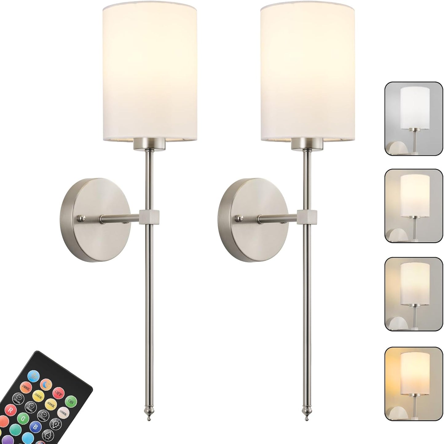 Battery Operated Wall Sconces Set of Two,Wireless Rechargeable Wall Light With Remote Control, Dimmable, Amber Light/Warm White/Natural White/Daylight/RGB, Timer,for Living Room,Bedroom,Entryway,Gold