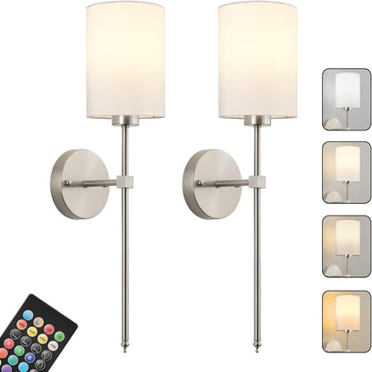 Battery Operated Wall Sconces Set of Two,Wireless Rechargeable Wall Light With Remote Control, Dimmable, Amber Light/Warm White/Natural White/Daylight/RGB, Timer,for Living Room,Bedroom,Entryway,Gold